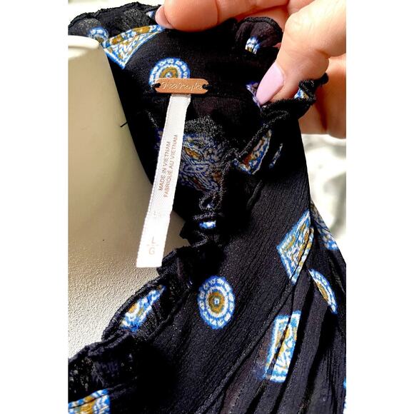 Free People black paisley Sheer Mock Neck Mini Dress flare top sz L Black - Picture 4 of 11